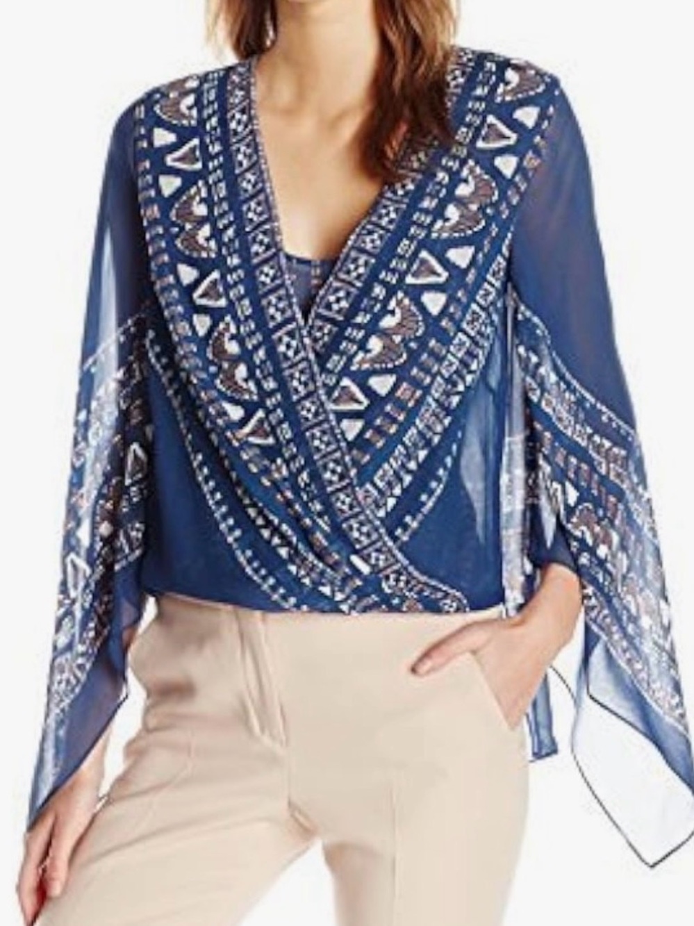 BCBGMaxazria Silk Boho Faux Wrap Handkerchief Blouse